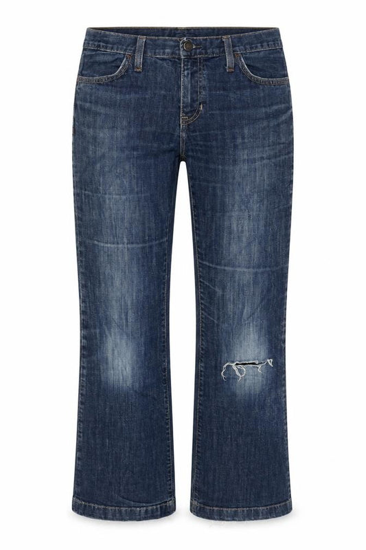 Front view of Gap women’s blue cotton blend cropped jeans, size UK 30, in, 28-inch leg regular zip - distressed