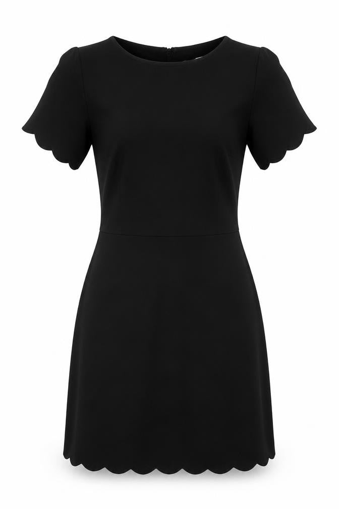 Front view of Warehouse women’s black trivinyl a-line, size UK 6, round neck zip