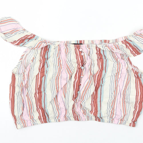 New Look Womens Multicoloured Striped Viscose Cropped Blouse Size 16 Boat Neck