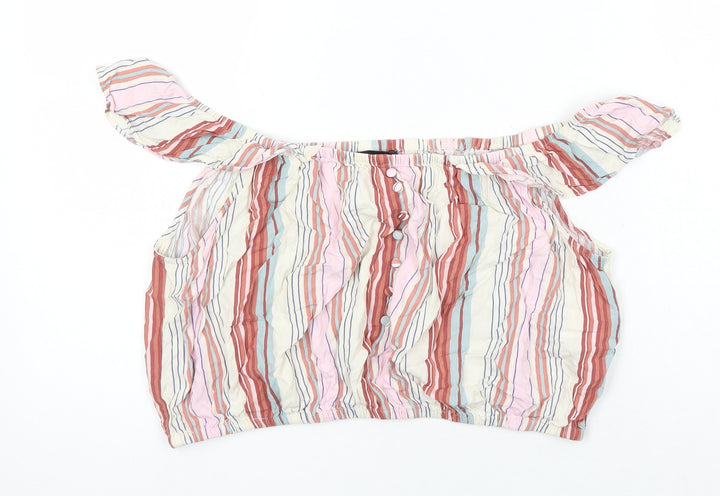 New Look Womens Multicoloured Striped Viscose Cropped Blouse Size 16 Boat Neck