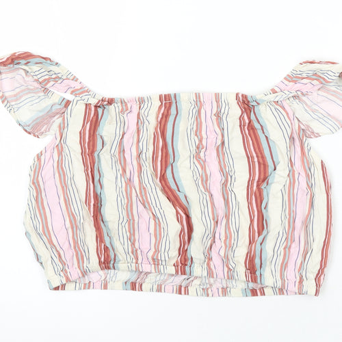 New Look Womens Multicoloured Striped Viscose Cropped Blouse Size 16 Boat Neck