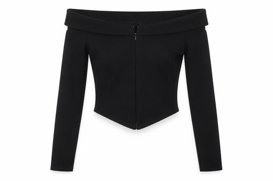 Front view of ASOS women’s black polyester cropped t-shirt, size UK 10, boat neck
