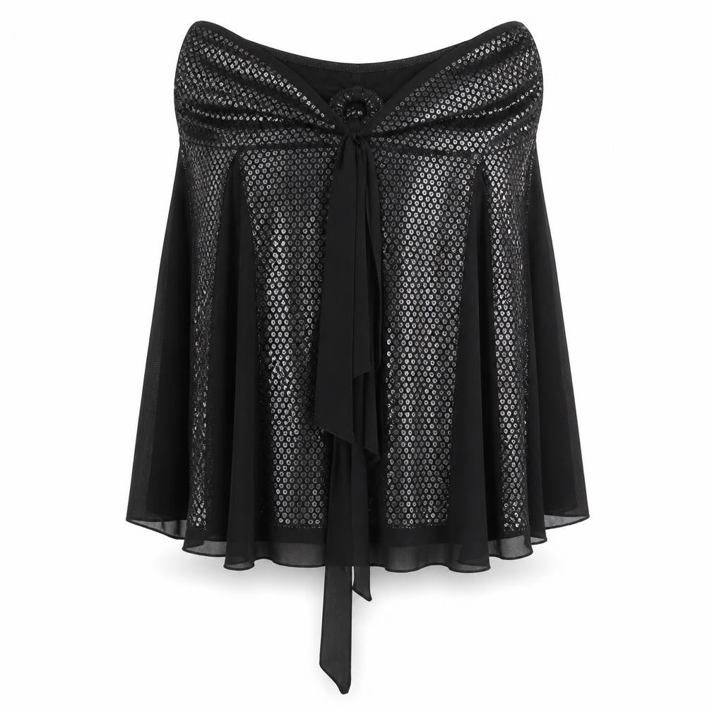 Front view of Quiz women’s black viscose tunic blouse, size UK 16, off the shoulder