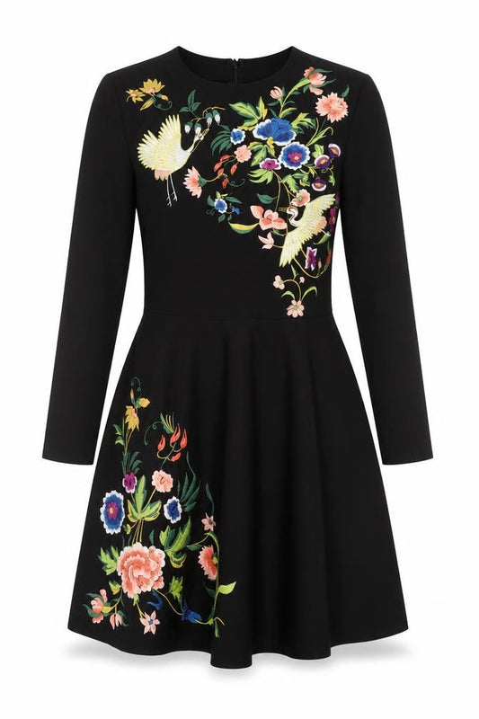 Front view of ASOS women’s black polyester a-line, size UK 8, roll neck - embroidered detail