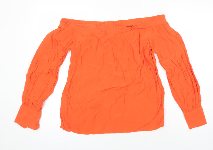 Warehouse Womens Orange Herringbone Viscose Tunic Blouse Size 12 Off the Shoulder