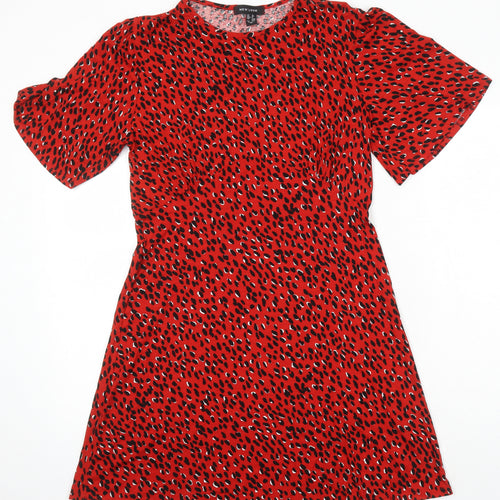 New Look Womens Red Animal Print Viscose A-Line Size 12 Round Neck