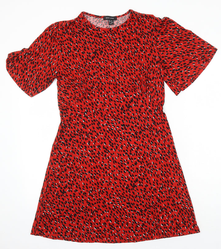 New Look Womens Red Animal Print Viscose A-Line Size 12 Round Neck
