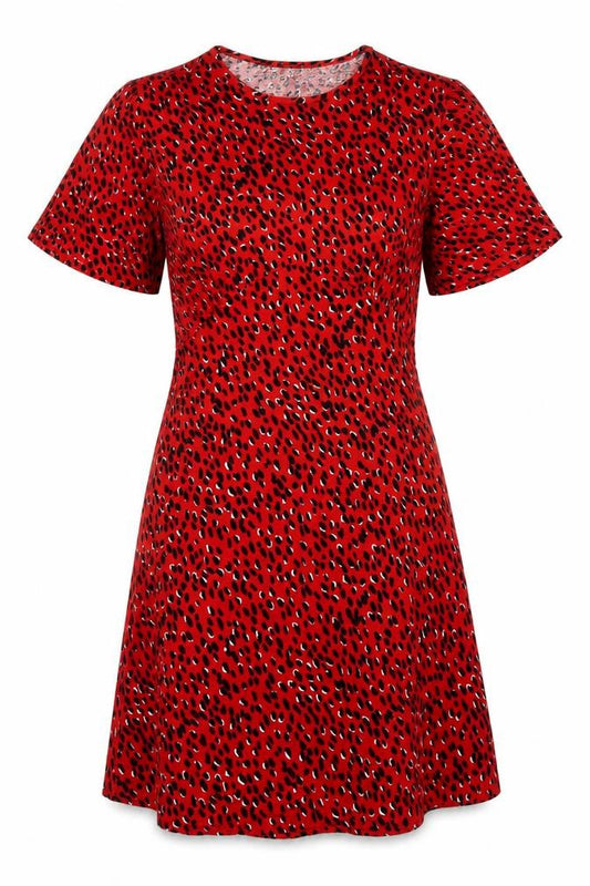 Front view of New Look women’s red animal print viscose a-line, size UK 12, round neck