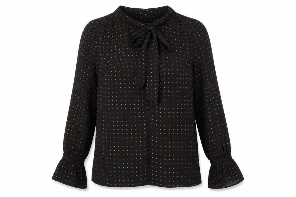 Front view of Warehouse women’s black geometric polyester tunic blouse, size UK 10, round neck - hearts