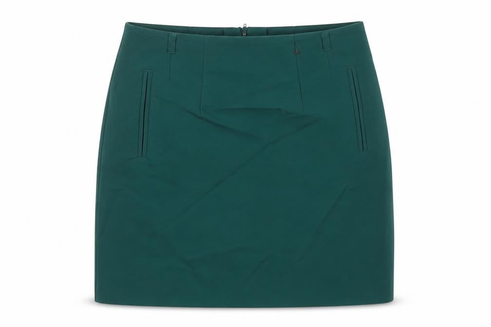 Front view of H&M women’s gold herringbone polyester mini skirt, size UK 40, zip