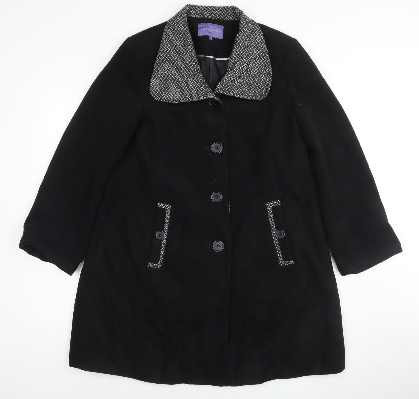 Autonomy Womens Black Overcoat Coat Size 12 Button