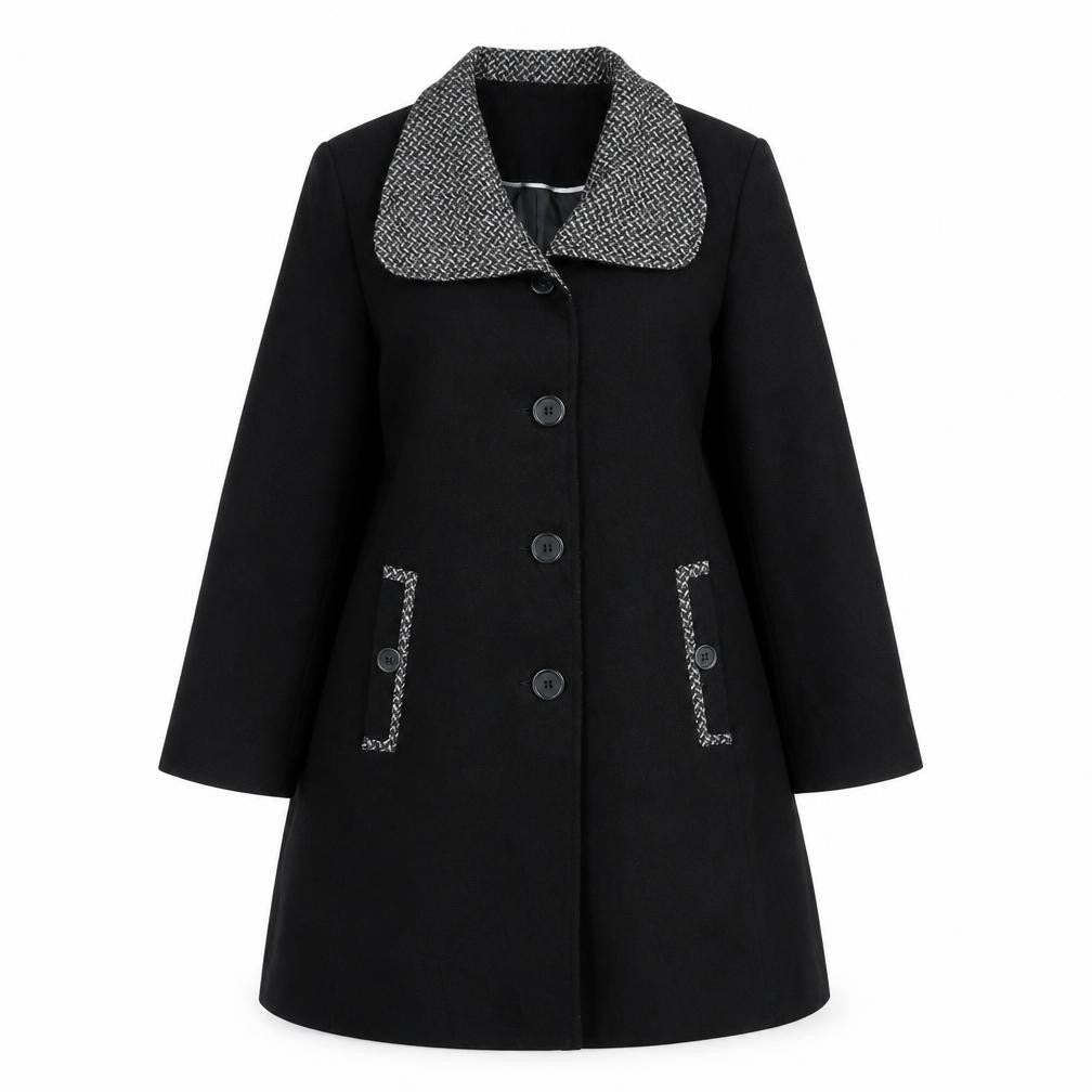 Front view of Autonomy women’s black overcoat coat, size UK 12, button