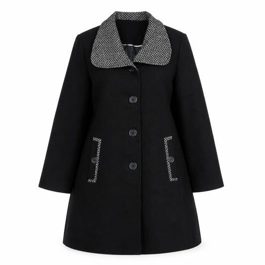 Front view of Autonomy women’s black overcoat coat, size UK 12, button
