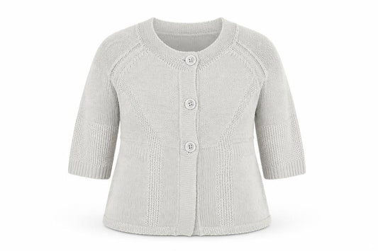 Front view of Marks & Spencer women’s grey round neck acrylic cardigan jumper, size UK 20