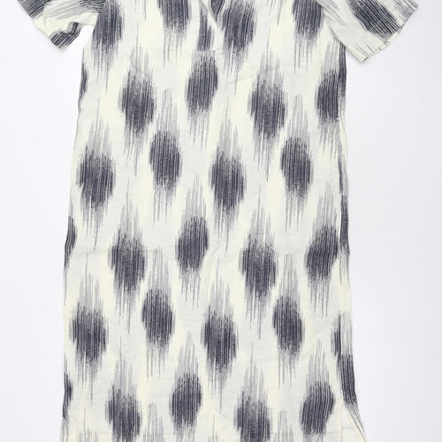 Marks and Spencer Womens White Geometric Linen Maxi Size 10 V-Neck Pullover