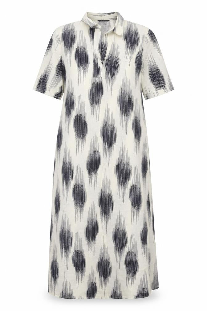 Front view of Marks & Spencer women’s white geometric linen maxi, size UK 10, v-neck pullover