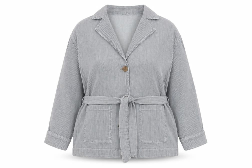 Front view of Per Una women’s blue striped jacket, size UK 16, button