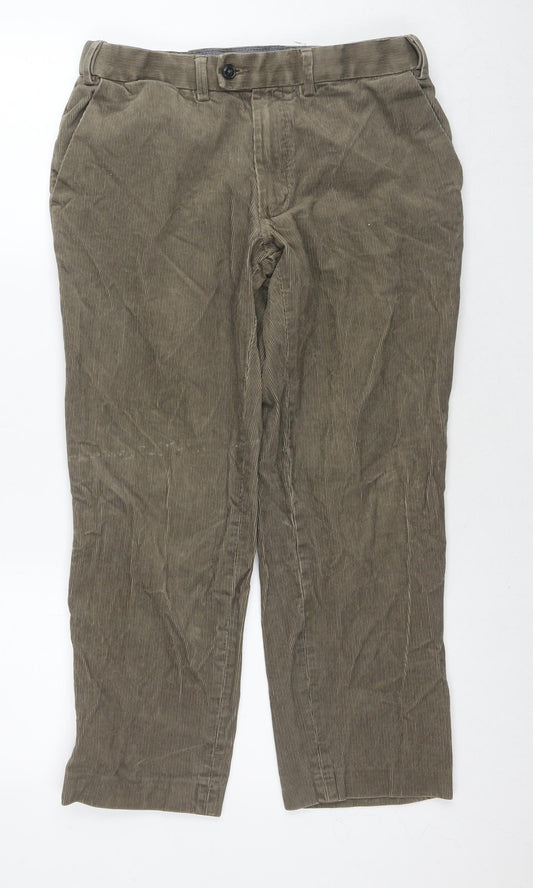 Marks and Spencer Mens Brown Cotton Trousers Size 32 in L23 in Regular Zip - Customized Lenght