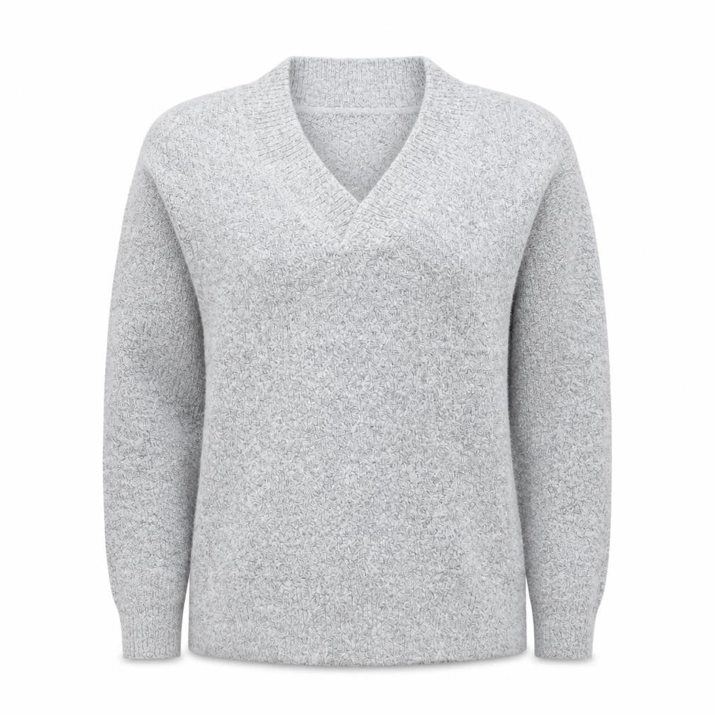 Front view of M&Co women’s grey round neck acrylic jumper, size L