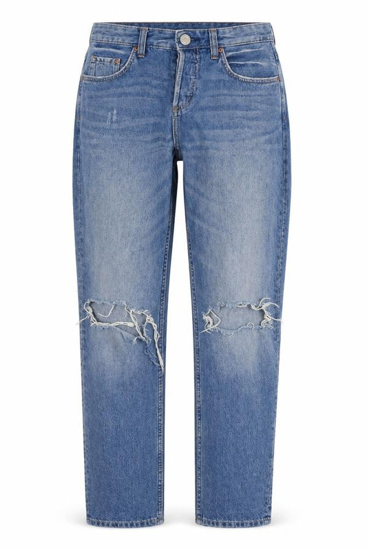 Front view of H&M women’s blue cotton boyfriend jeans, size UK 26, in, 27-inch leg regular zip