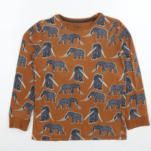 Marks and Spencer Boys Brown Cotton Basic T-Shirt Size 8-9 Years Round Neck Pullover - Elephants