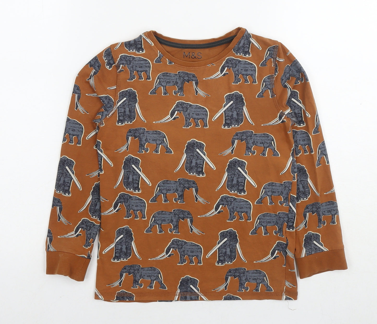 Marks and Spencer Boys Brown Cotton Basic T-Shirt Size 8-9 Years Round Neck Pullover - Elephants