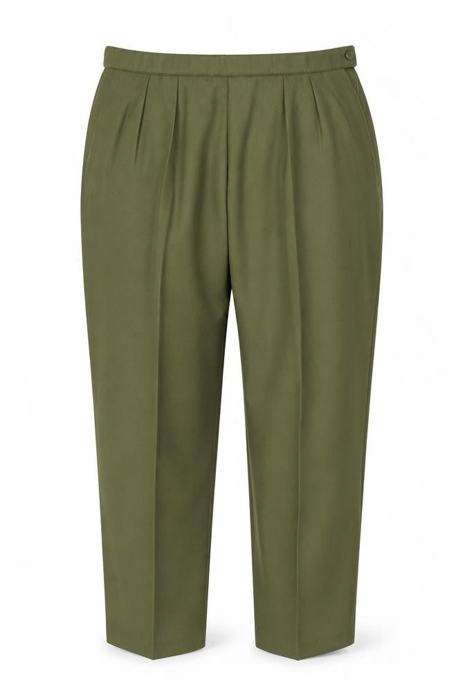 Front view of Slimtru women’s green polyester trousers, size UK 22, 28-inch leg regular zip