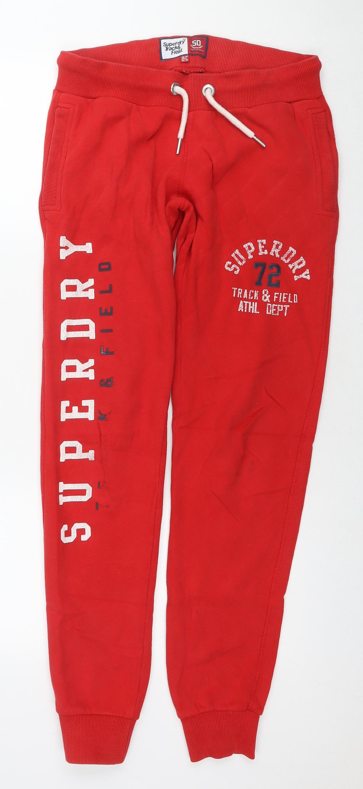 Superdry Womens Red Cotton Sweatpants Trousers Size 10 L31 in Regular Drawstring - Logo