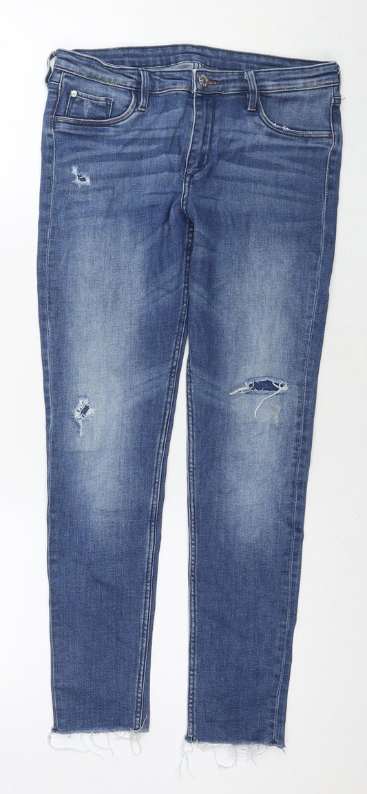 H&M Girls Blue Cotton Skinny Jeans Size 12-13 Years L25 in Regular Zip - Distressed