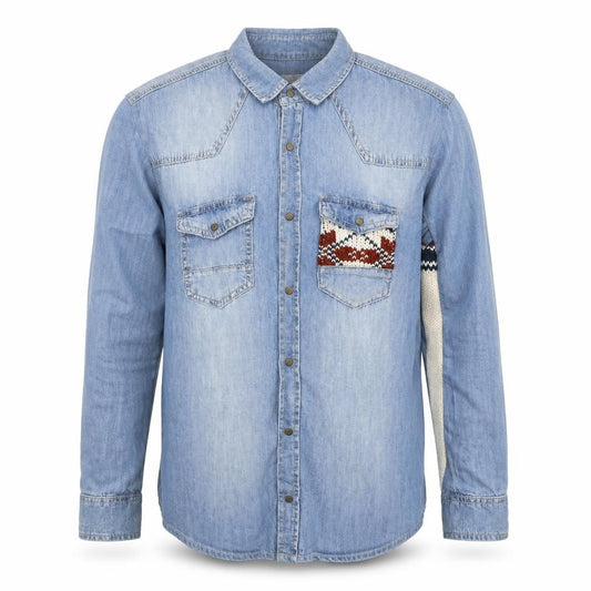 Front view of River Island men’s blue fair isle cotton button-up, size S, collared snap - knit detail