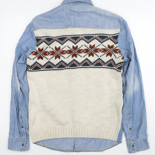 River Island Mens Blue Fair Isle Cotton Button-Up Size S Collared Snap - Knit Detail
