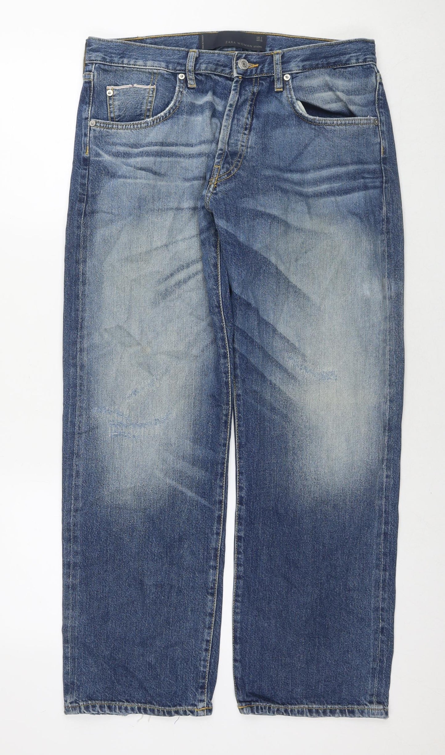 Zara Womens Blue Cotton Straight Jeans Size S L28 in Regular Zip