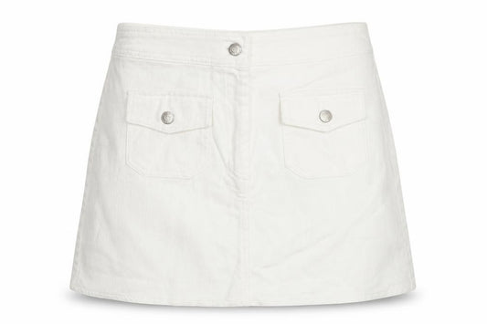 Front view of Suzie women’s white cotton mini skirt, size UK 30, in zip