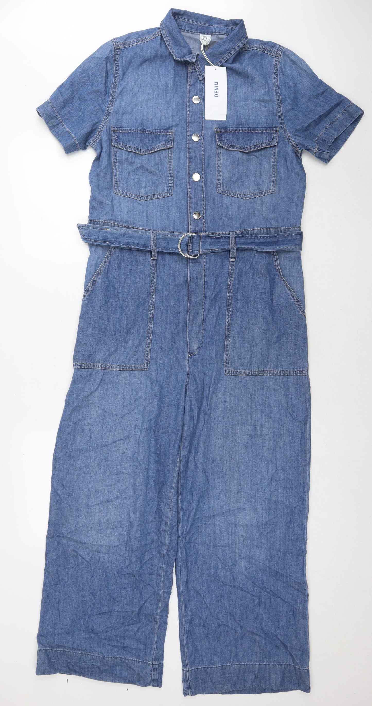 H&M Womens Blue Cotton Jumpsuit One-Piece Size 12 L26 in Snap