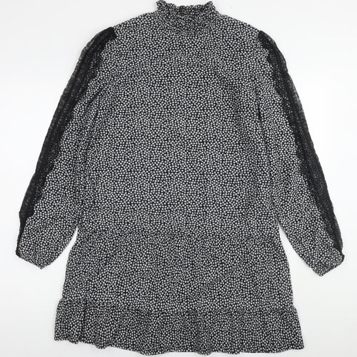 NEXT Womens Black Floral Polyester A-Line Size 12 Round Neck Pullover - Lace Detail