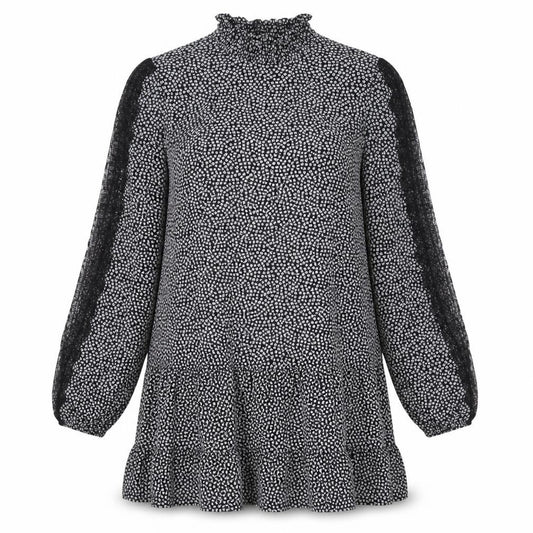 Front view of Next women’s black floral polyester a-line, size UK 12, round neck pullover - lace detail