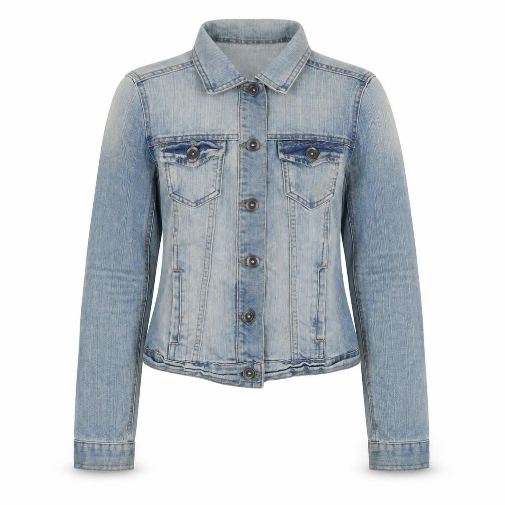 Front view of New Look women’s blue jacket, size UK 8, button