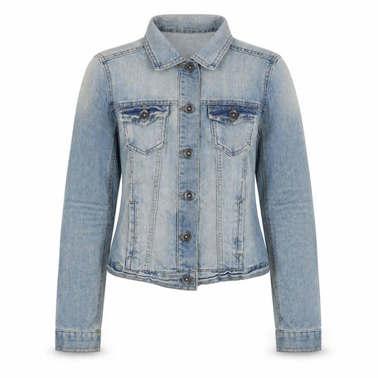 Front view of New Look women’s blue jacket, size UK 8, button