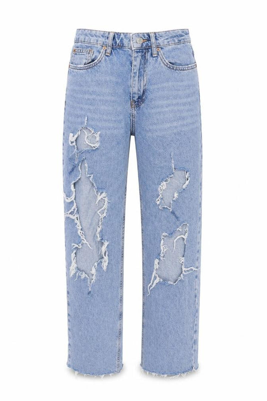Front view of Denim & Co. women’s blue cotton mom jeans, size UK 8, 28-inch leg regular zip