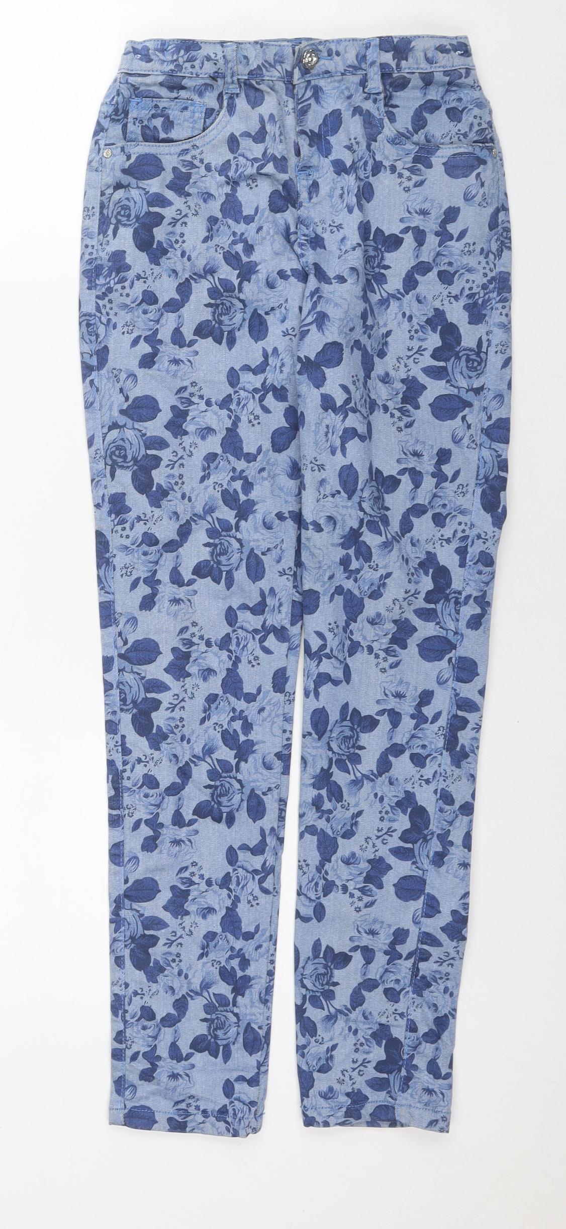 M&Co Girls Blue Floral Cotton Skinny Jeans Size 11-12 Years L27 in Regular Zip