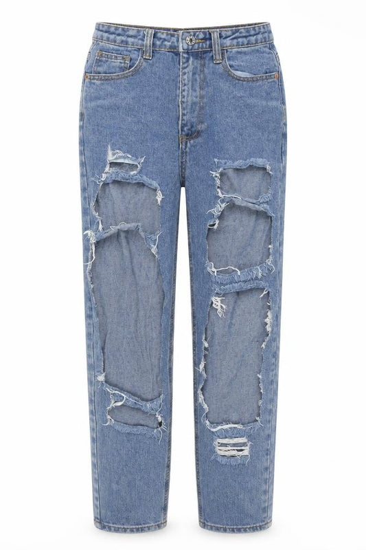 Front view of PRETTYLITTLETHING women’s blue cotton mom jeans, size UK 8, 28-inch leg regular zip