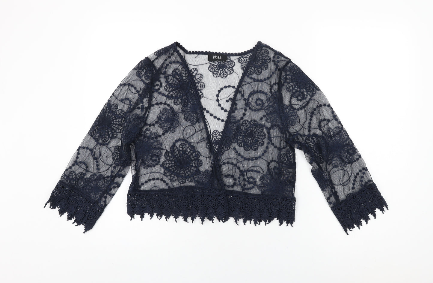 Klass Womens Blue Floral Polyester Cropped Blouse Size L V-Neck