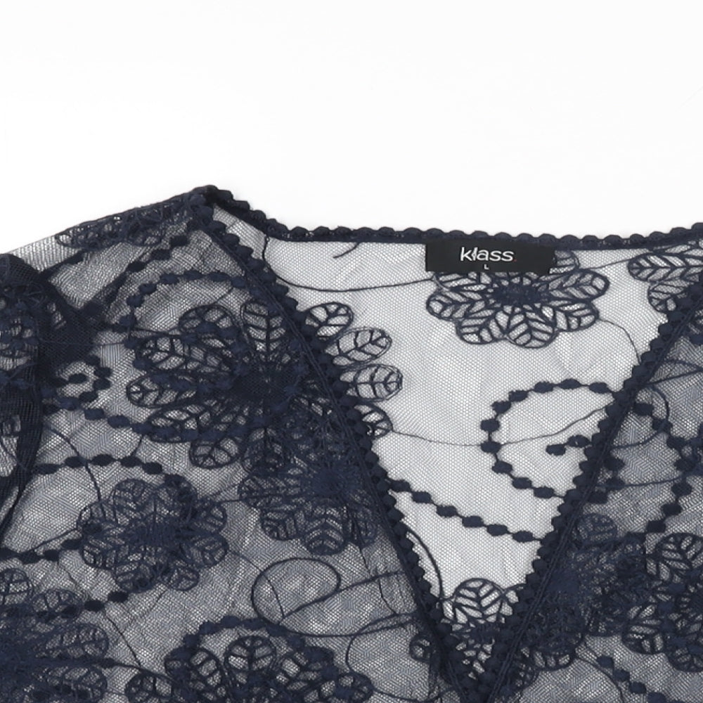 Klass Womens Blue Floral Polyester Cropped Blouse Size L V-Neck