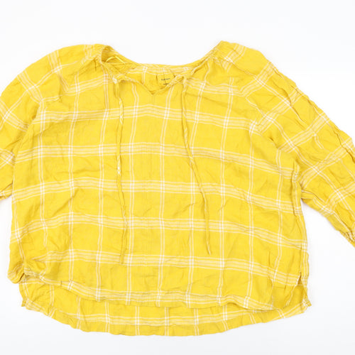 Marks and Spencer Womens Yellow Plaid Linen Basic T-Shirt Size 22 Round Neck