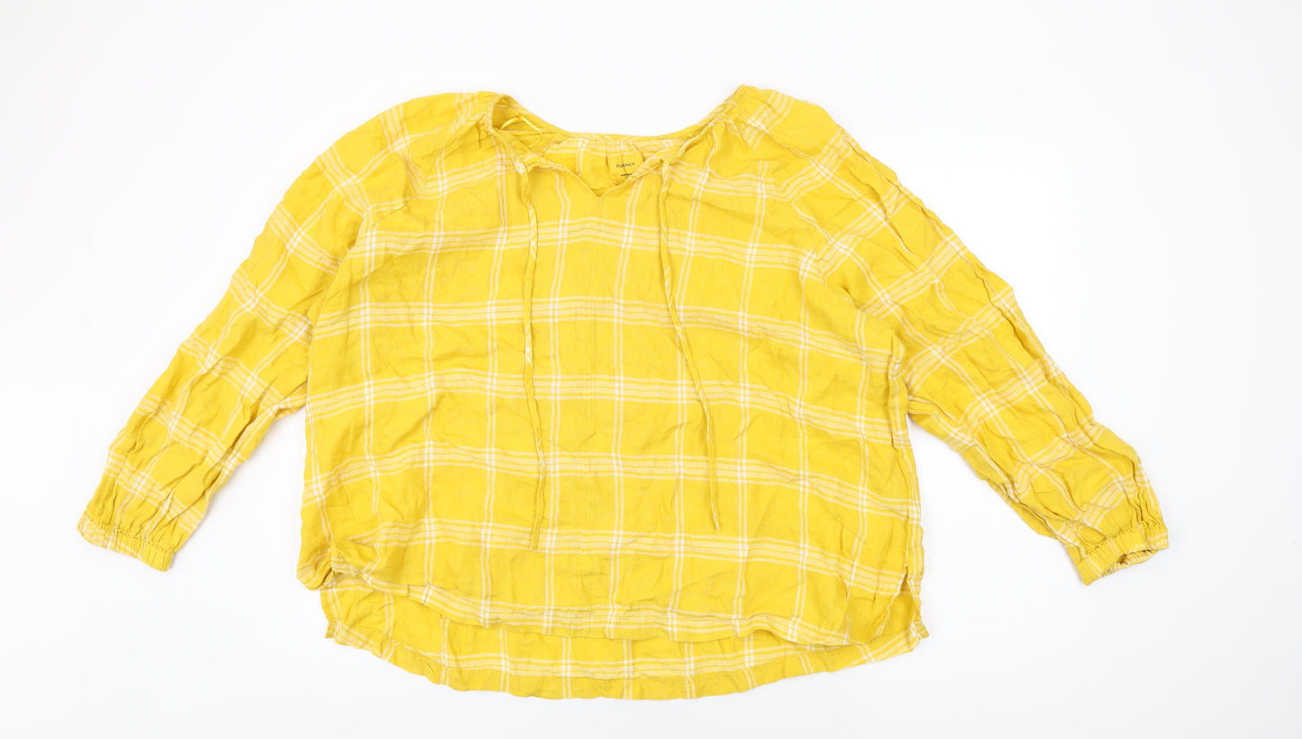 Marks and Spencer Womens Yellow Plaid Linen Basic T-Shirt Size 22 Round Neck