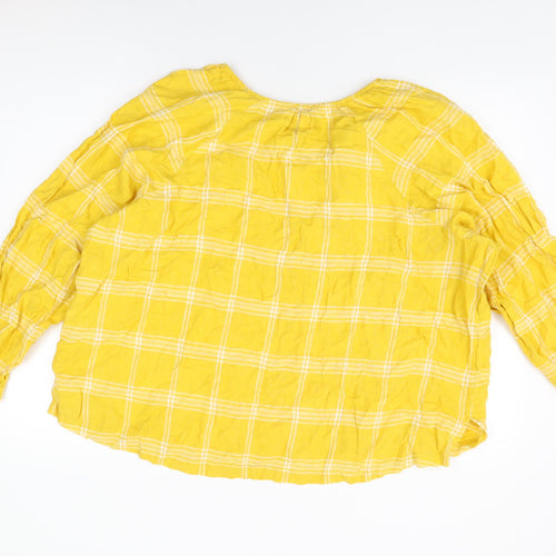 Marks and Spencer Womens Yellow Plaid Linen Basic T-Shirt Size 22 Round Neck