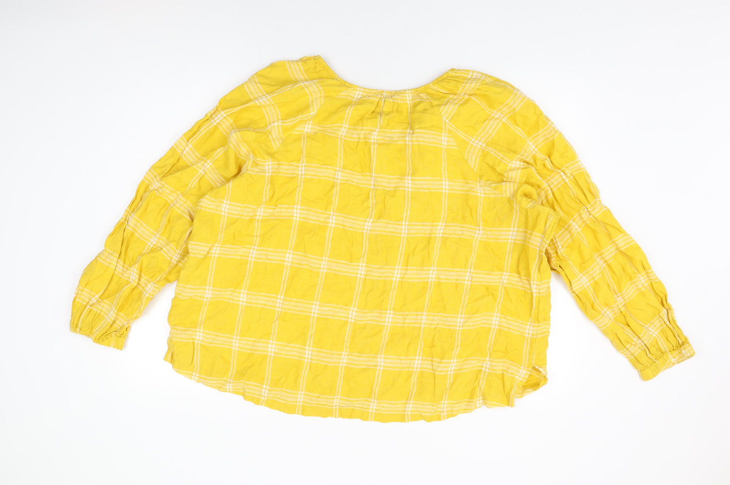 Marks and Spencer Womens Yellow Plaid Linen Basic T-Shirt Size 22 Round Neck