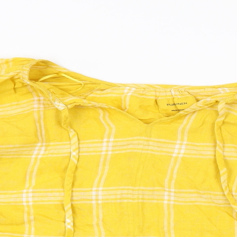 Marks and Spencer Womens Yellow Plaid Linen Basic T-Shirt Size 22 Round Neck