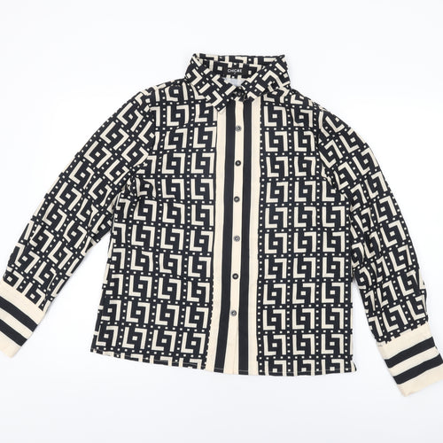 Chic Me Womens Black Geometric Polyester Basic Button-Up Size M Collared
