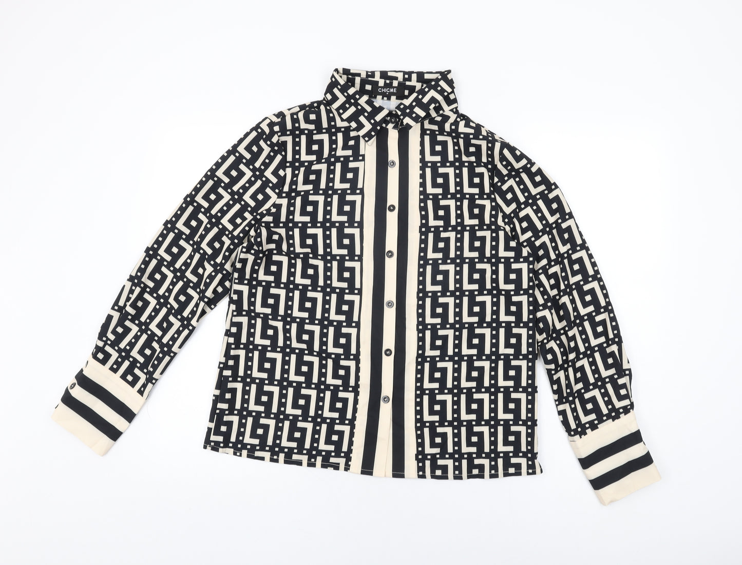 Chic Me Womens Black Geometric Polyester Basic Button-Up Size M Collared